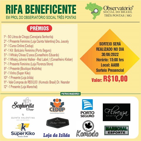 Rifa beneficente: muitos prêmios para você e recursos para o OSB - Três Pontas 