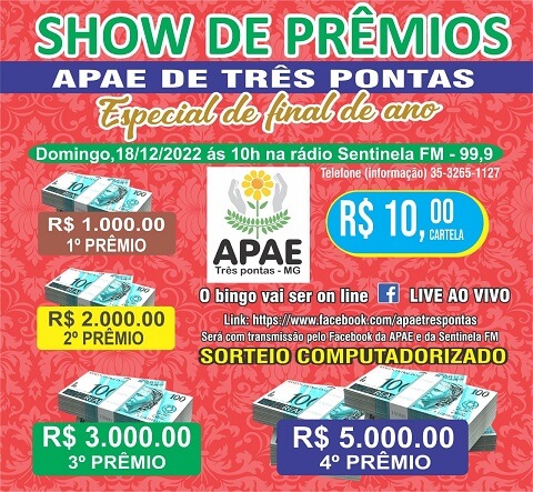 Bingo On-line da Apae de Três Pontas sorteará R$ 11 mil em prêmios 