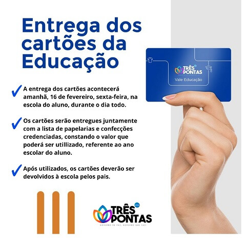 Cartões da Educação serão entregues nesta sexta-feira, comunica Prefeitura de Três Pontas