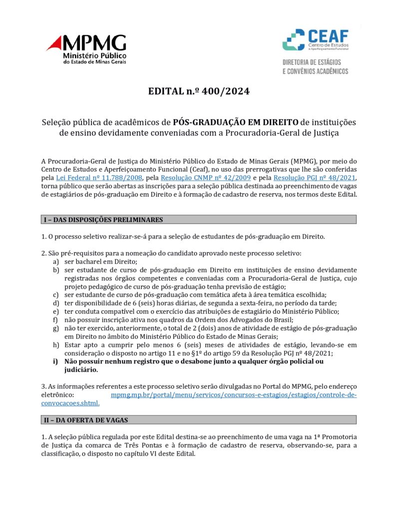 Oportunidade para estudantes de pós-graduação em Direito