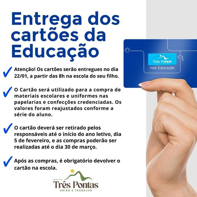 Prefeitura de Três Pontas anuncia data para entrega do Cartão Educação