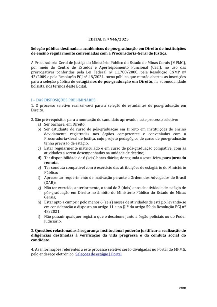 Ministério Público abre seleção para acadêmicos de Pós-Graduação em Direito em Três Pontas