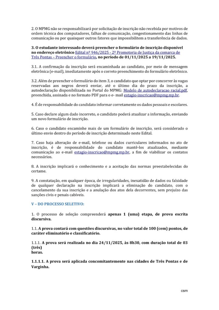 Ministério Público abre seleção para acadêmicos de Pós-Graduação em Direito em Três Pontas
