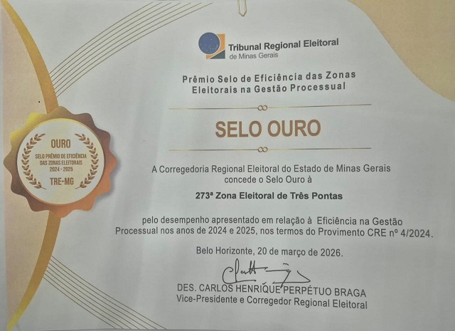 Zona Eleitoral de Três Pontas conquista Selo Ouro em prêmio do TRE-MG