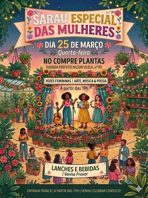 Sarau em Três Pontas celebra o Mês da Mulher com cultura, música e sabores em noite especial para a comunidade