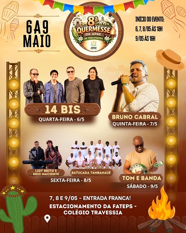 8ª Quermesse da Apae de Três Pontas começa nesta quarta-feira com show da Banda 14 Bis e programação especial até sábado