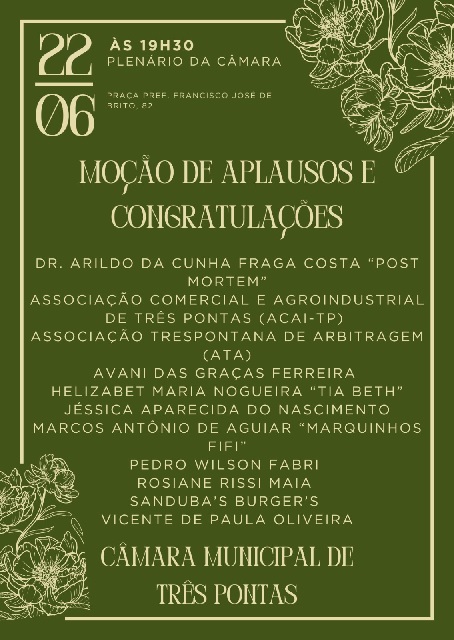 Câmara Municipal de Três Pontas entrega Moções de Aplausos 2026 e Congratulações nesta segunda-feira (22)