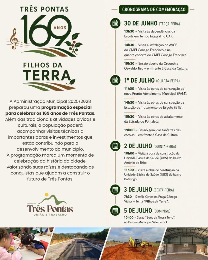 Três Pontas celebra 169 anos com programação que reúne história, cultura e apresentação de obras em andamento