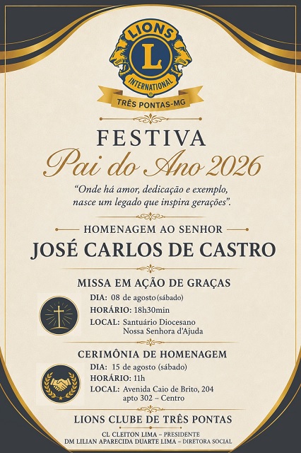 José Carlos de Castro é escolhido Pai do Ano 2026 pelo Lions Clube de Três Pontas