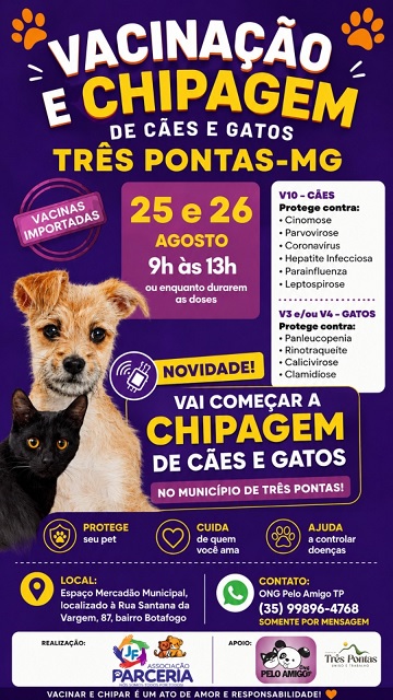 Vacinação e chipagem de cães e gatos acontecem em Três Pontas nos dias 25 e 26 de agosto