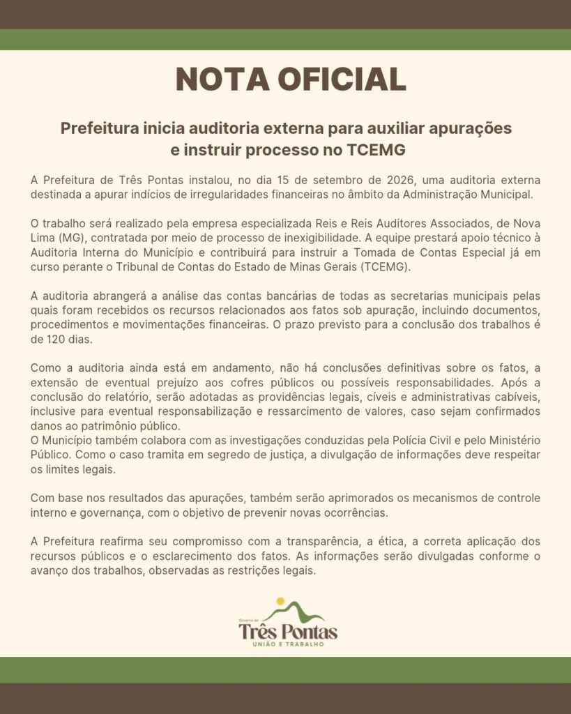 Prefeitura de Três Pontas inicia auditoria externa para apurar irregularidades financeiras