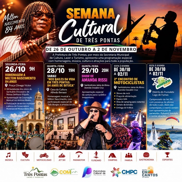 Semana Cultural de Três Pontas homenageia Milton Nascimento e reúne música, arte e atrações para toda a família